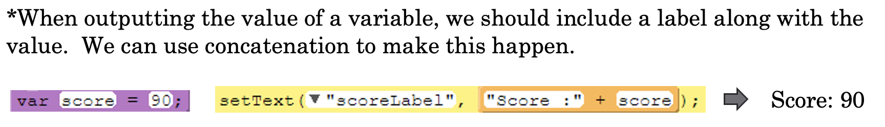 A concatenation example: var score = 90; setText("scoreLabel", "Score: " + score); produces the output Score: 90